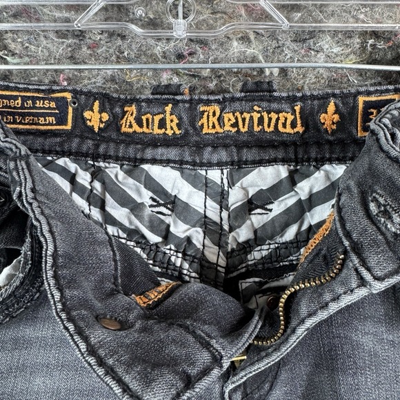 Rock Revival Jeans Mens 33 x 25 Leeroy Black Leather Patch Slim Straight - Picture 11 of 16